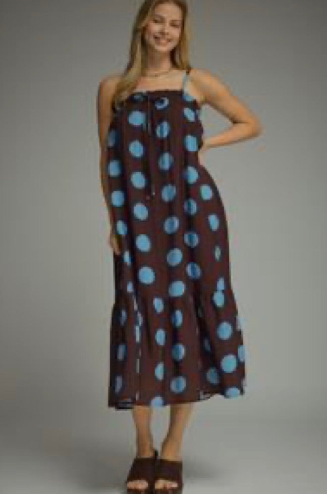 Brown Dress with Blue Polka Dots