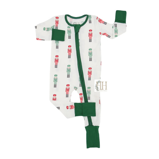 Red and Green Nutcracker Double Zipper Romper
