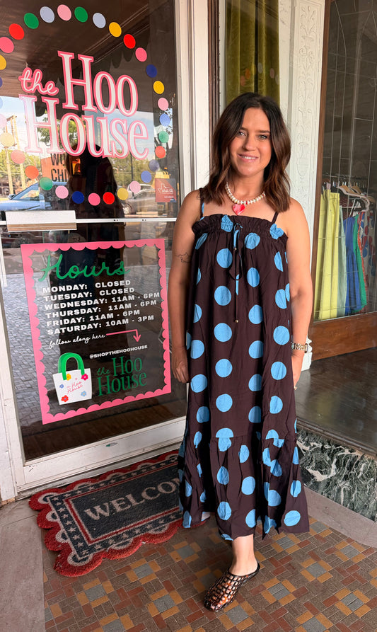 Brown Dress with Blue Polka Dots