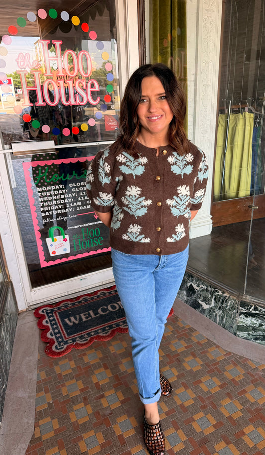 Brown and Blue Floral Top